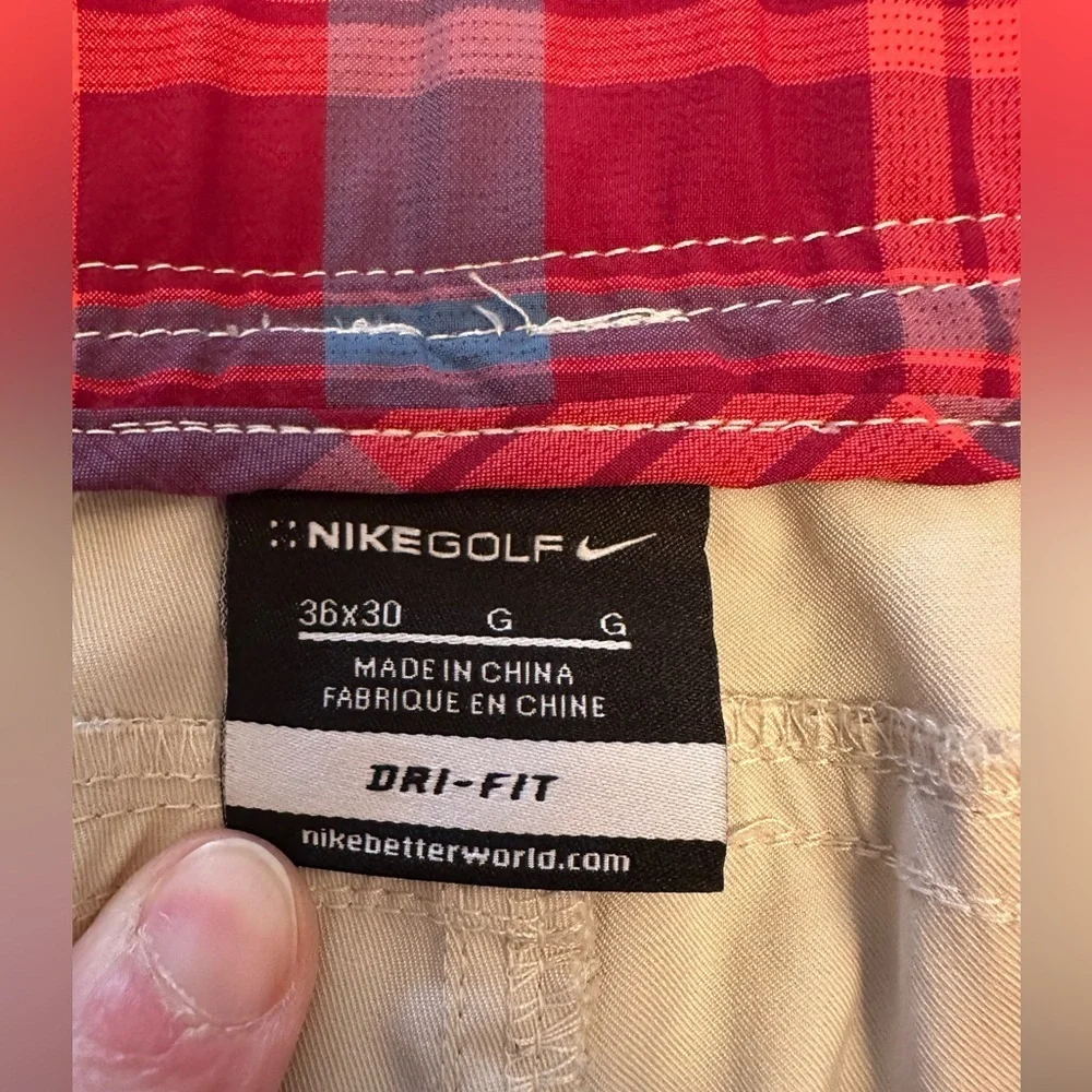 Nike Golf Dri-Fit Pants Men's 36x30 Tan Beige‎ Lightweight Plaid Details Trim